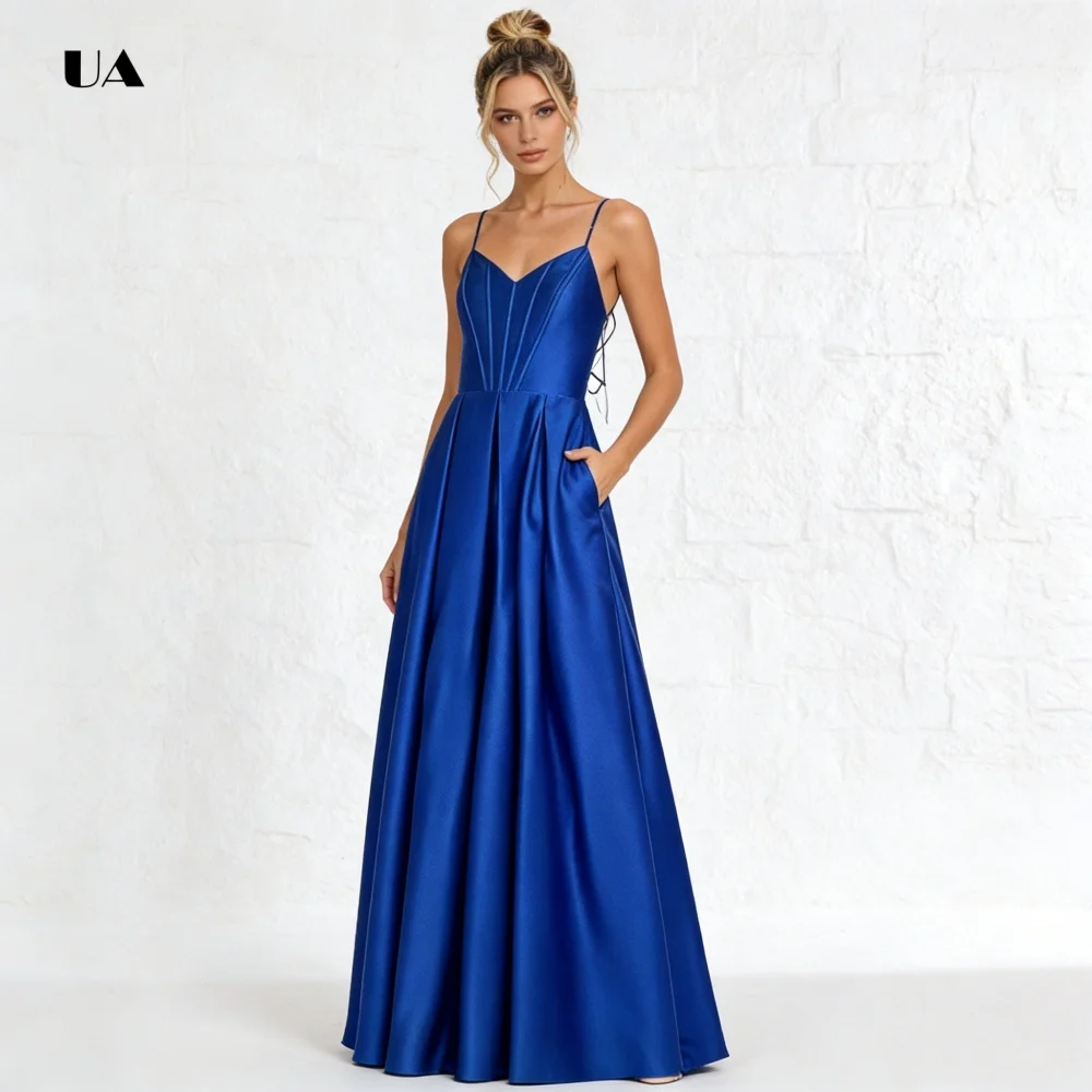 Semplice abito da ballo a trapezio con spalline sottili Abito da sera con lacci solido con tasche laterali Abito da festa classico personalizzato in raso