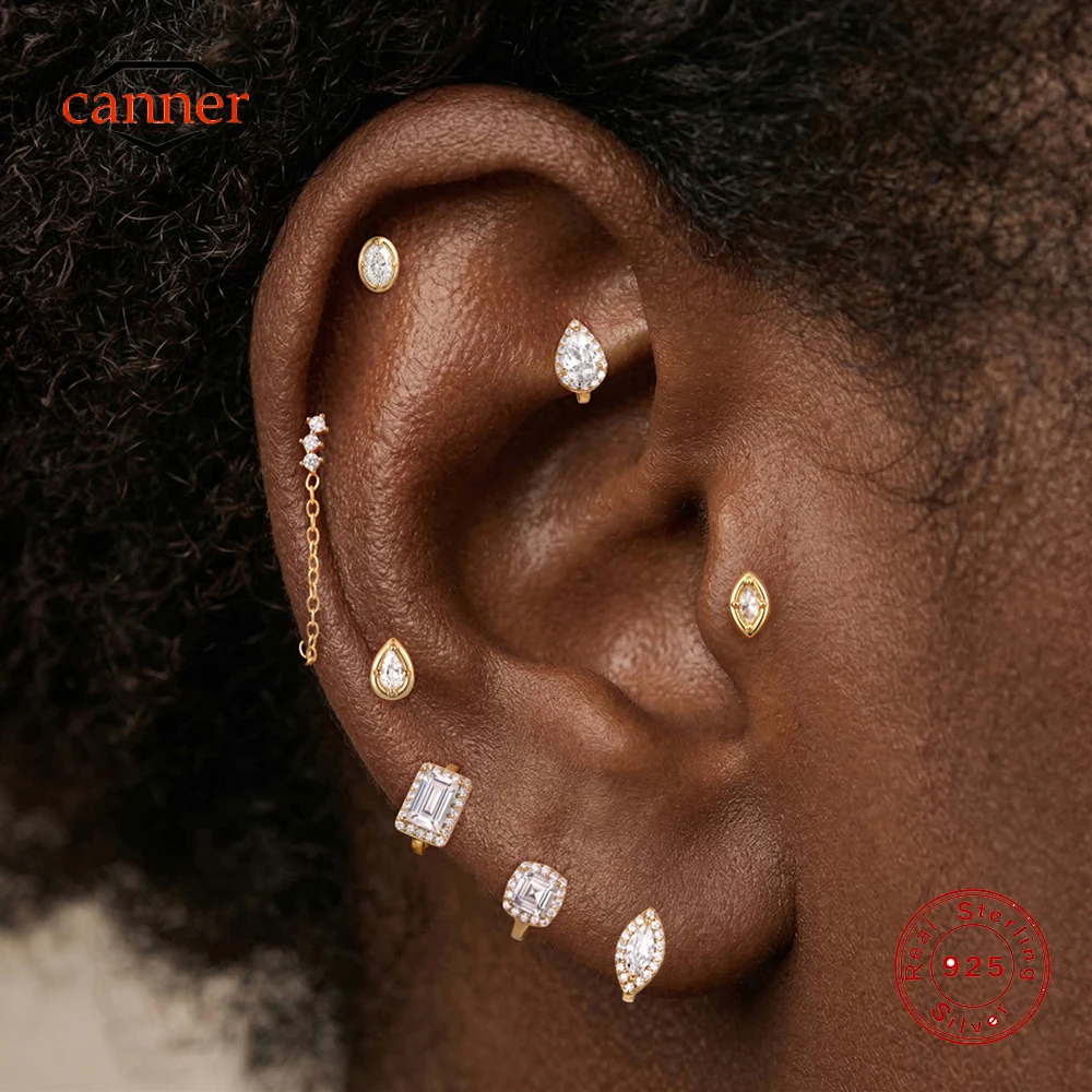 CANNER 1PC S925 Sterling Silver Oval Teardrop Marquise Geometric CZ Stud and Huggie Hoop Earring for Women Trendy Jewelry Gift