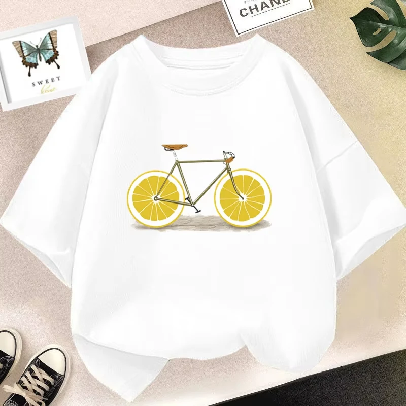 Unisex Creative Lemon Bicycle Graphic T Shirt Summer Fruit Bike Art Print Short Sleeve Crew Neck Casual Aesthetic Tee