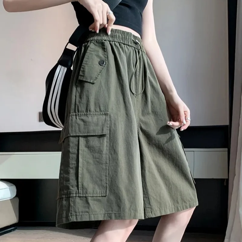 

Large Size Workwear Wide Leg Shorts Women's Five Points Mid Pants Summer Loose High Waist Slim Plus Size Pocket