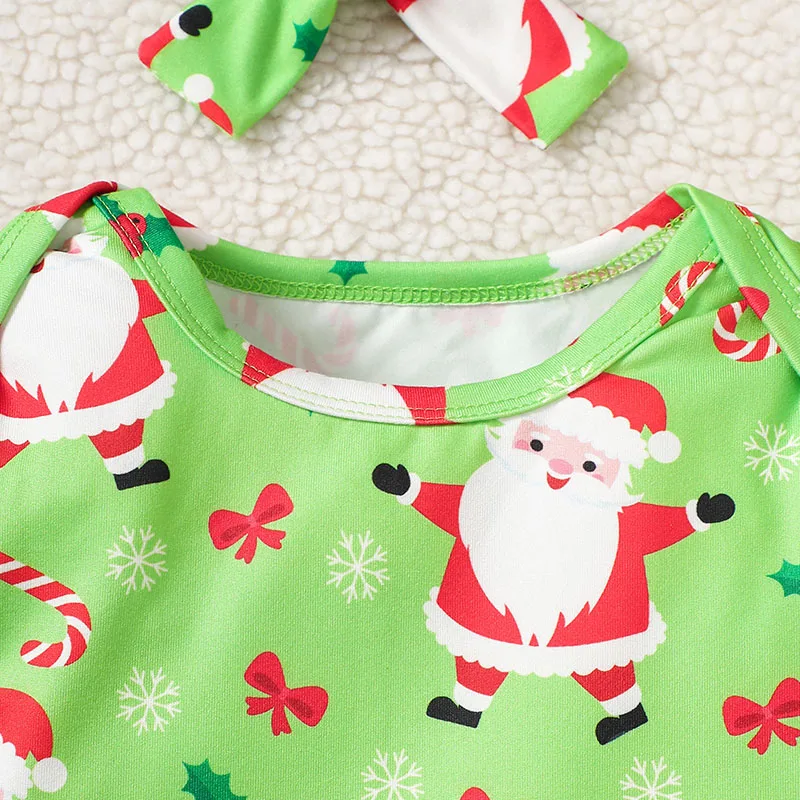 3pcs Christmas Baby girl Outfit Cute Cartoon All over Print Bodysuit Applique Solid Suspender Dress Sets with Headband