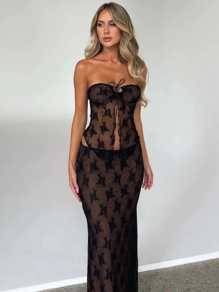 

2023 Lace Print Sexy Dress Set Women Strapless Crop Top And Long Skirt Matching Sets Female Night Club Party Two Piece Set