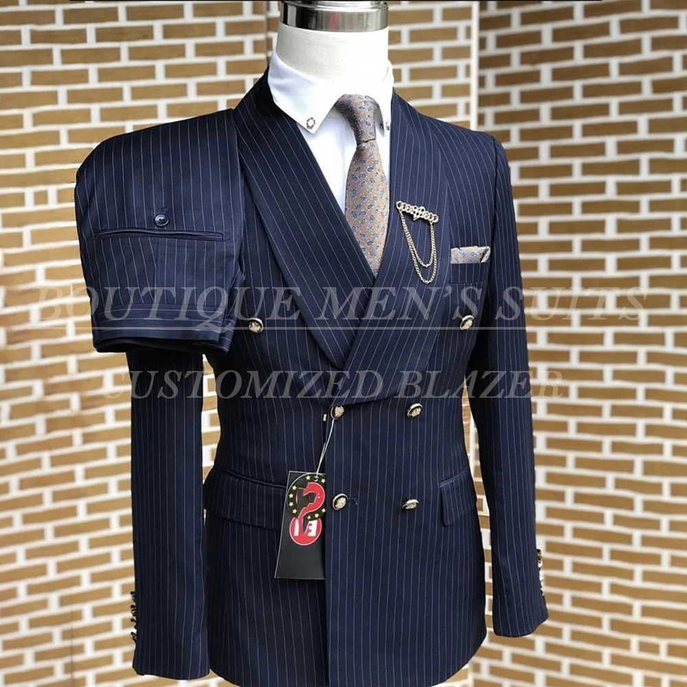 

Мужские костюмы в тонкую полоску, модные двубортные комплекты с шалью и лацканами, приталенная куртка, брюки, комплекты мужской одежды высокого качества