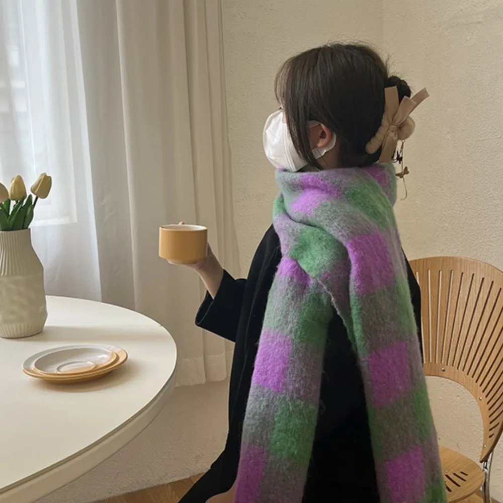 

Korean Style Women's Cashmere Shawl Twisted Tassel Color Contrast Knitted Plaid Scarf Windproof Thickened Long Wool Tassel Scarf