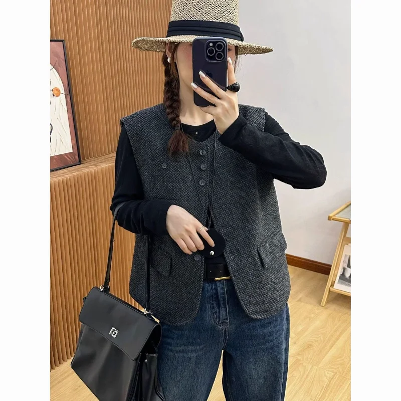 High-quality Quilted Woolen Vest Jacket for Women 2025 Autumn and Winter New Spliced   button Fashion Solid Color Top