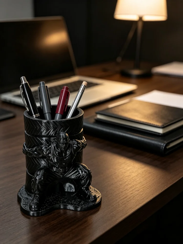 Creative Tire-Shaped Strongman Pen Holder, Muscle Man Statue Desktop Pencil Holder, Black Cylindrical Fun Figurine Pen Cup, Petg Material with Solid Resin Texture, Large Capacity Stationery Storage Box, Stable Base Saves Desktop Space, Novelty Sculpture Ornament, Home Office Desk Decoration, Creative Desktop Gift for Men, Teachers, and Fitness Enthusiasts