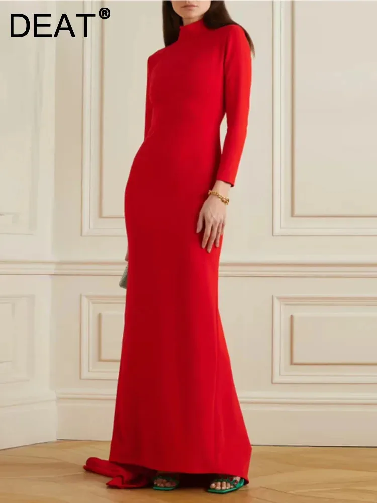 

DEAT Elegant Dress Stand Collar Long Sleeve Trailing High Waist Women's Customized Evening Party Dresses 2024 Autumn New 35Z833