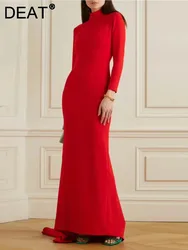 DEAT Elegant Dress Stand Collar Long Sleeve Trailing High Waist Women's Customized Evening Party Dresses 2024 Autumn New 35Z833