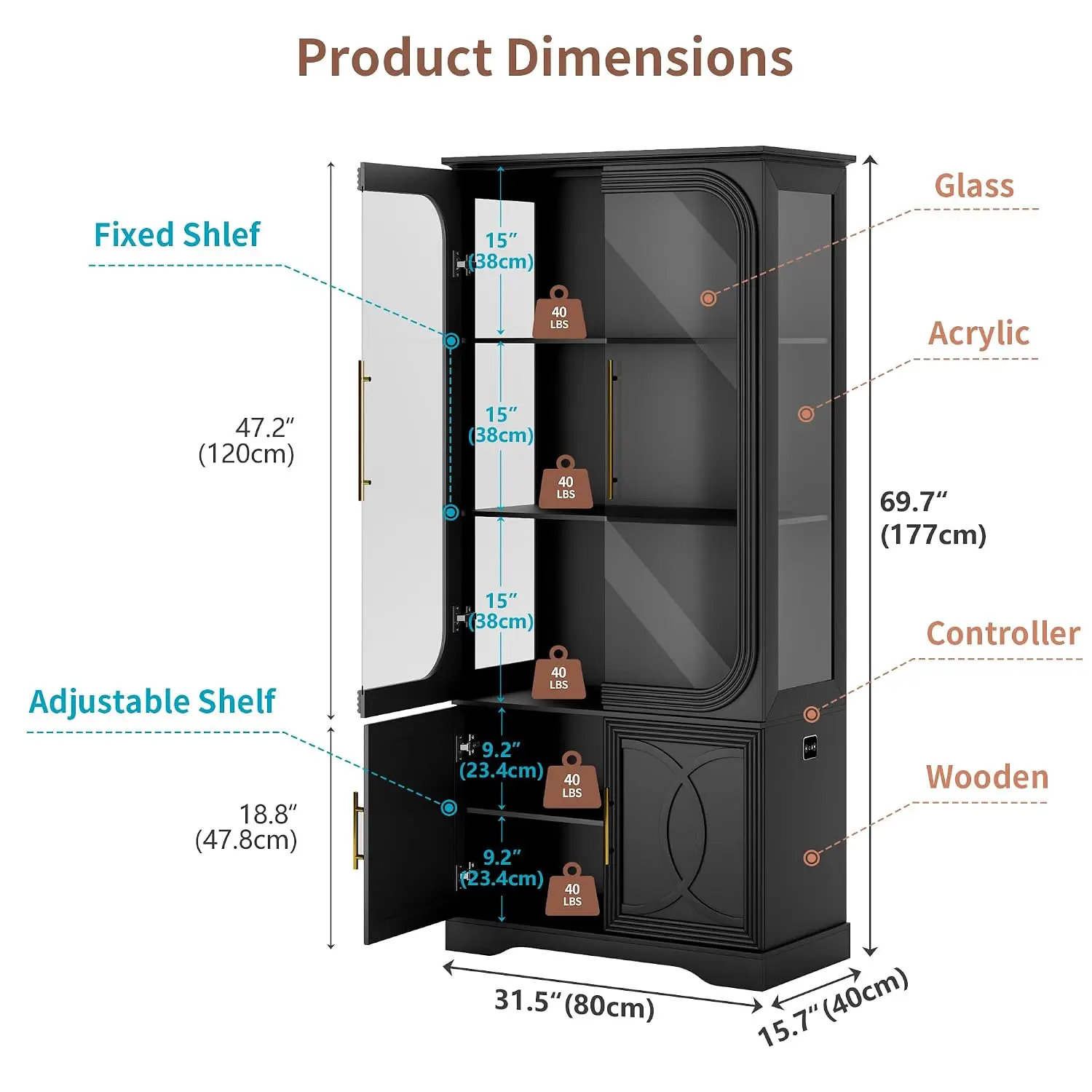 5 Tier Wooden Curio Cabinet, 3 Colors LED Lights, Human Sensor, Glass Display Case with Storage Cabinet for Figures, Customized