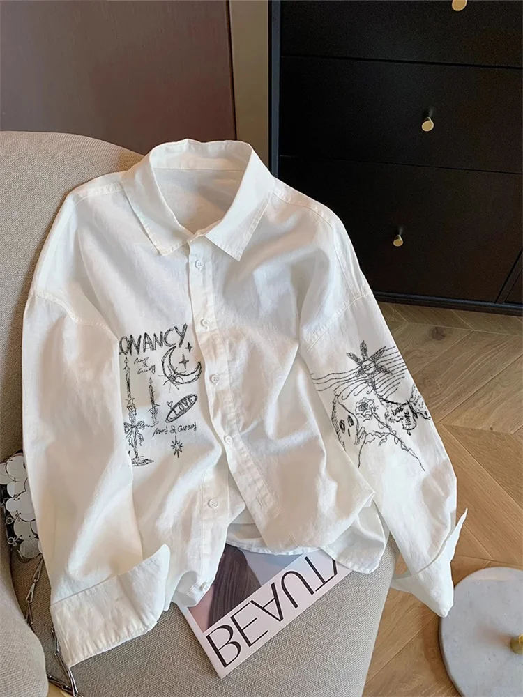 

Loose Long Sleeve Collar Graffiti Shirt Women's Spring Autumn Versatile Korean Style Sun Protection Casual Loose BF Style