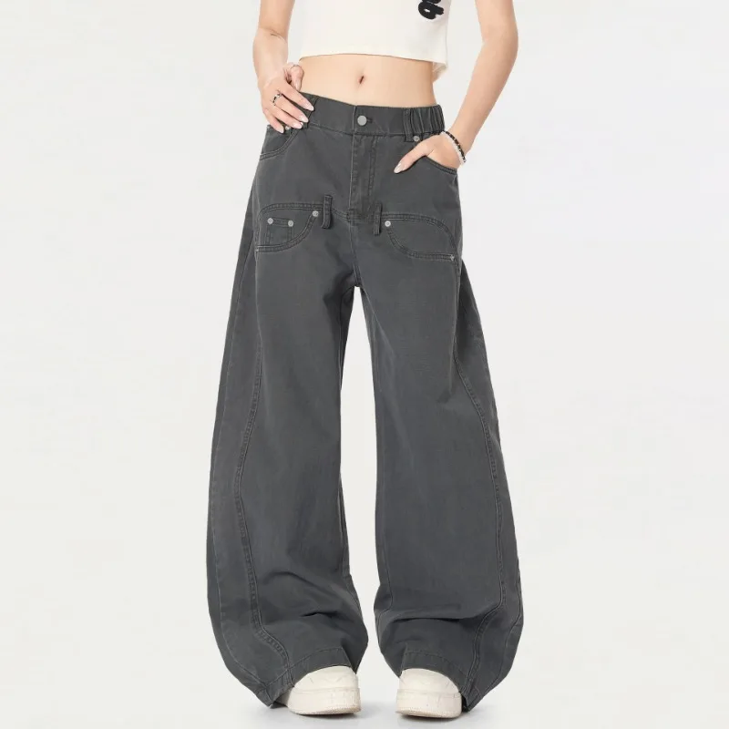 OR FL American Retro Curved Knife 100 Cotton Women Cargo Trousers Design Sense Baggy Lazy Solid Color Wide Leg Pants Y2k Slacks