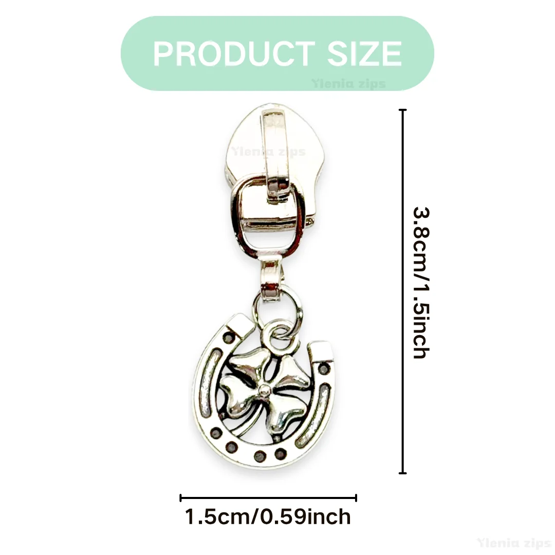 5pcs Horseshoe Four-Leaf clover Lucky Pendant Zipper Head, #5 Nylon Zipper Slider, Suitable for Wallet, Denim Jacket, Etc.