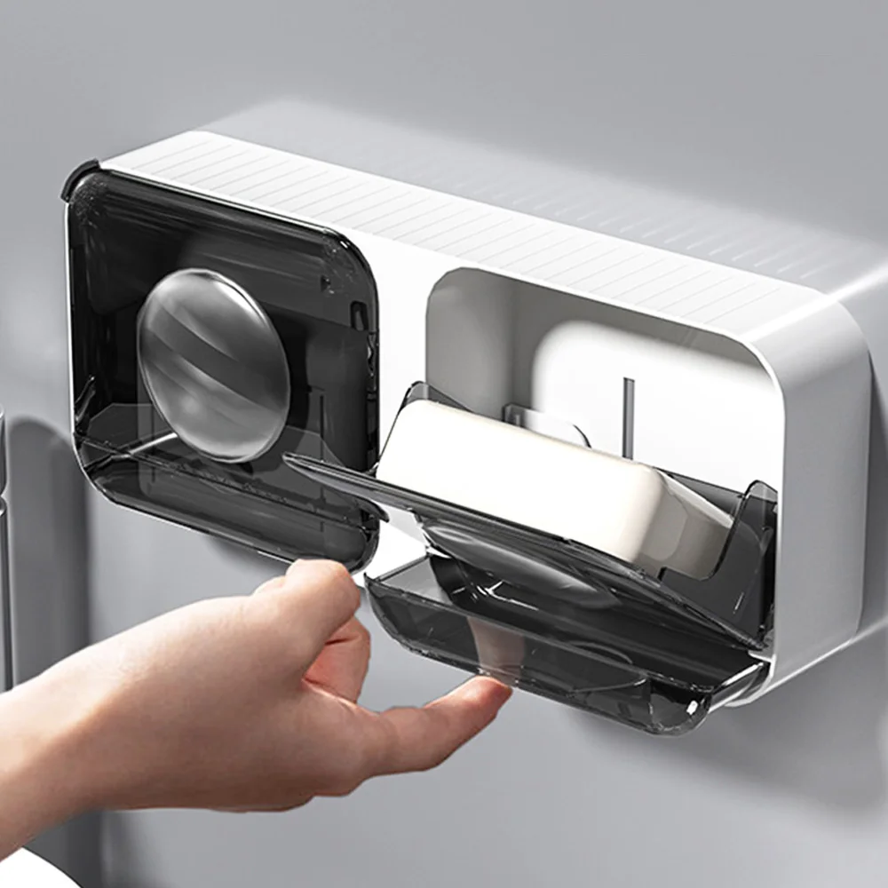 

1PC Luxury Wall-Mounted Soap Dish with Lid - No-Drill Drainage Design, Perfect for Bathroom, Kitchen & Toilet