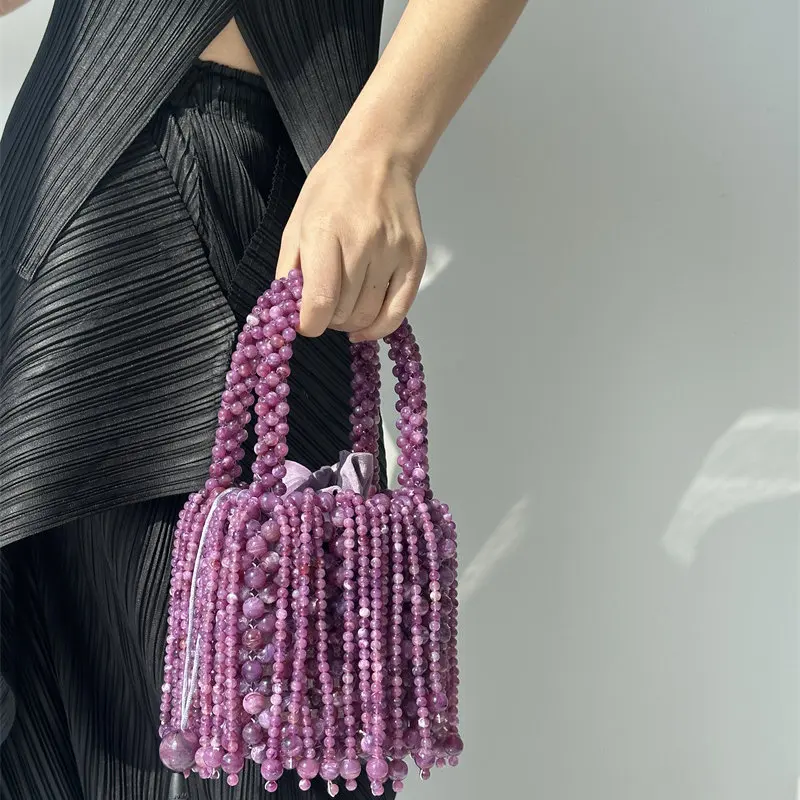 

Retro Purple Beaded Tassel Handbag For Women Chinese Style Fashion Elegant Luxurious Design Drawstring Evening Bucket Bags