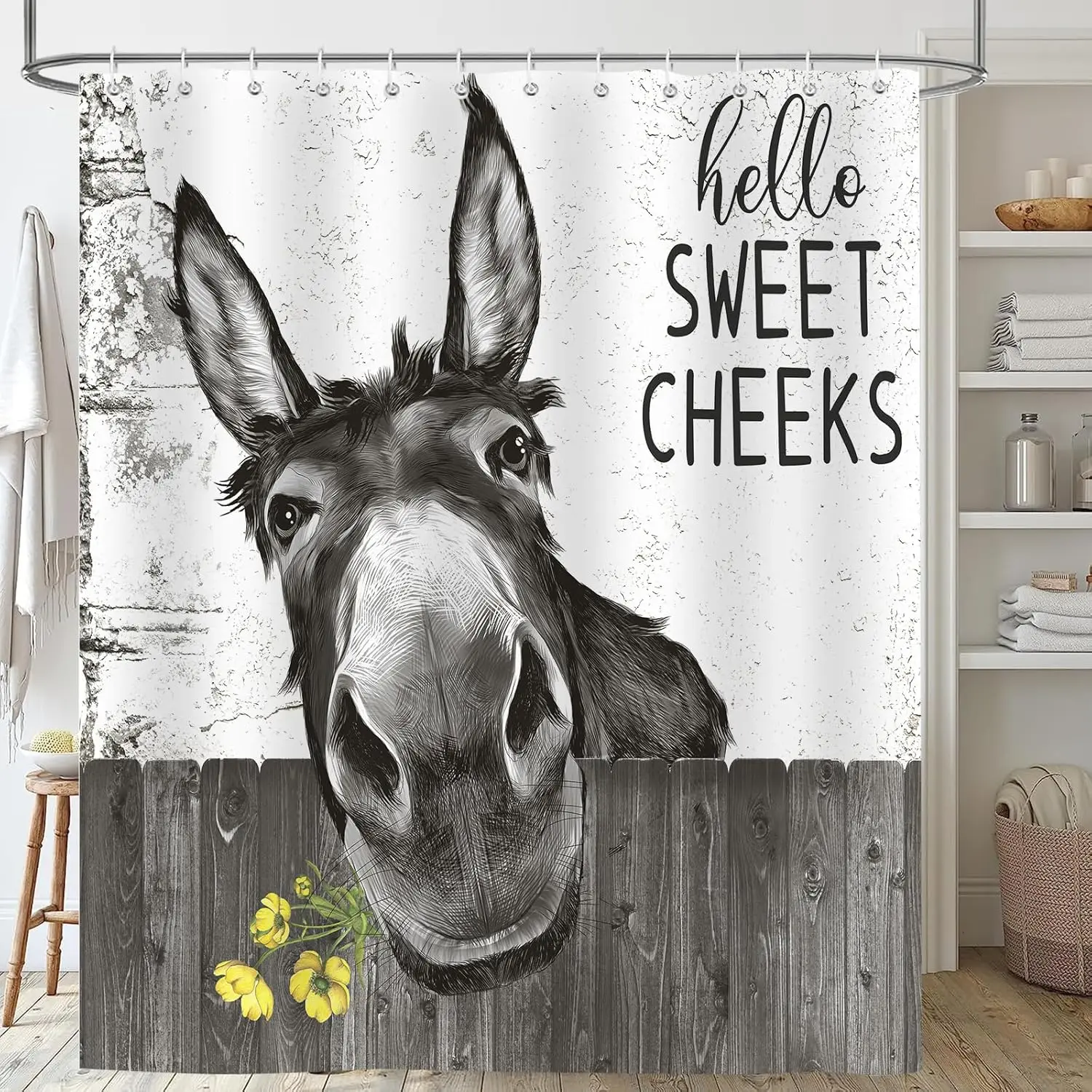 

Funny Donkey Rustic Shower Curtain, Fun Cute Animal Farmhouse Shower Curtain for Bathroom Set, Black and White Polyester