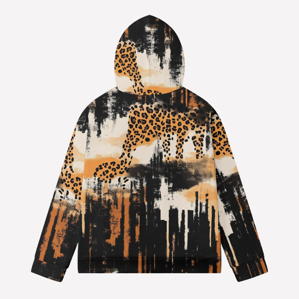 Men's Thick Hooded Jacket,Leopard  Printing Parka with Zipper for Casual Style and Outdoor Warmth in Autumn and Winter