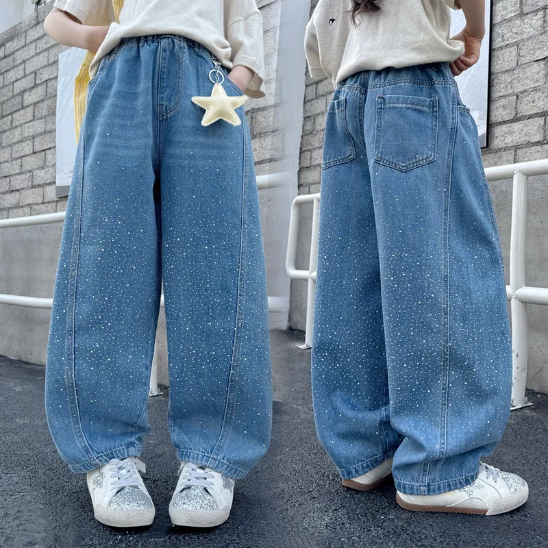 Girls Wide Leg Denim Jeans Starry Rhinestone Kids Spring Autumn New Style Denim Pants Children's Loose Trousers with Pendant