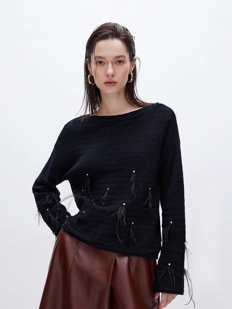 

Loose Women's Knitted Sweater Feather Rhinestone Decorated Spring 2026 New Sle Cotton Nylon Blend Long Sve Regular Length