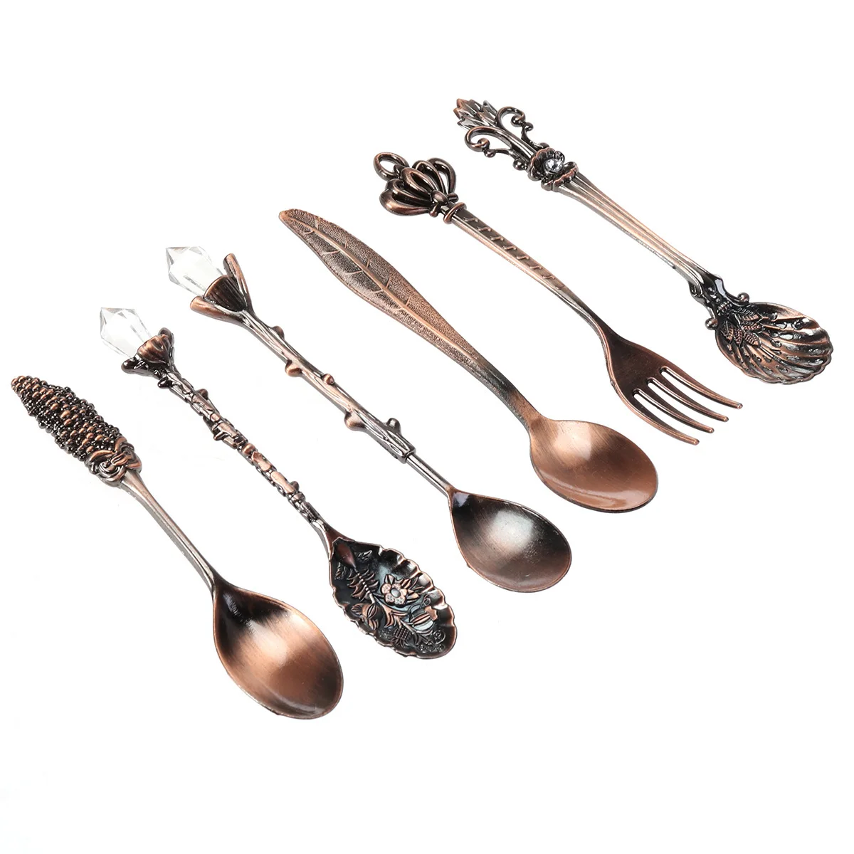 

6 Pcs Royal Tableware Set Red Bronze Cutlery Dessert Forks Vintage Coffee Spoon Safe Kids Size Easy Clean Sanitary Storage