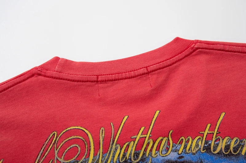 Sommer Vintage Rotes Acid Wash T-Shirt mit Alien Cowboy Western Aufdruck Lässige Oberteile Y2k Streetwear Oversized Hip Hop Unisex Kleidung – Detail 10