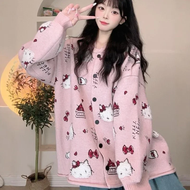 Hello Kitty Long Sleeved Cardigan Sweater Kawaii Cartoon Sweet Jacquard Knit Round Neck Casual Loose Versatile Jacket Women Y2k