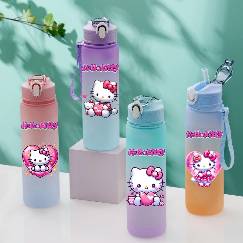 750Ml Straw Plastic Water Bottle Large Portable Travel Bottle Sports Fitness Cup Cute Hello Kitty Cup Adult Chid Universal Gifts