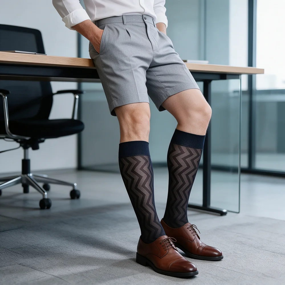 Men's Sheer Dress Socks Thin Nylon Mesh Mid-Calf Business Socks Herringbone Chevron Black Navy Formal Wedding Office Sexy