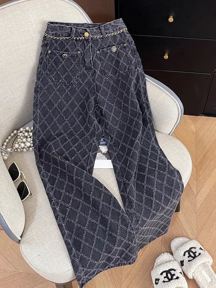 

Модные джинсовые брюки в клетку с высокой талией, прямые брюки для похудения, летние винтажные удобные джинсы