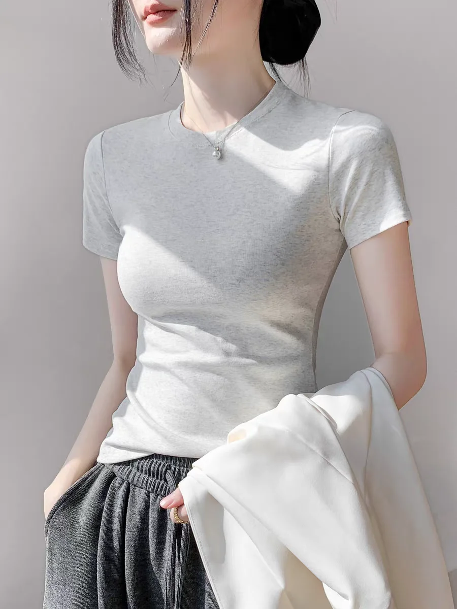 Baumwoll-T-Shirt für Damen Sommer 21 Einfarbig O-Ausschnitt Sexy Büro-Damen T-Shirt Figurbetont Schmal Basic Top Lässige Modekleidung – Detail 4