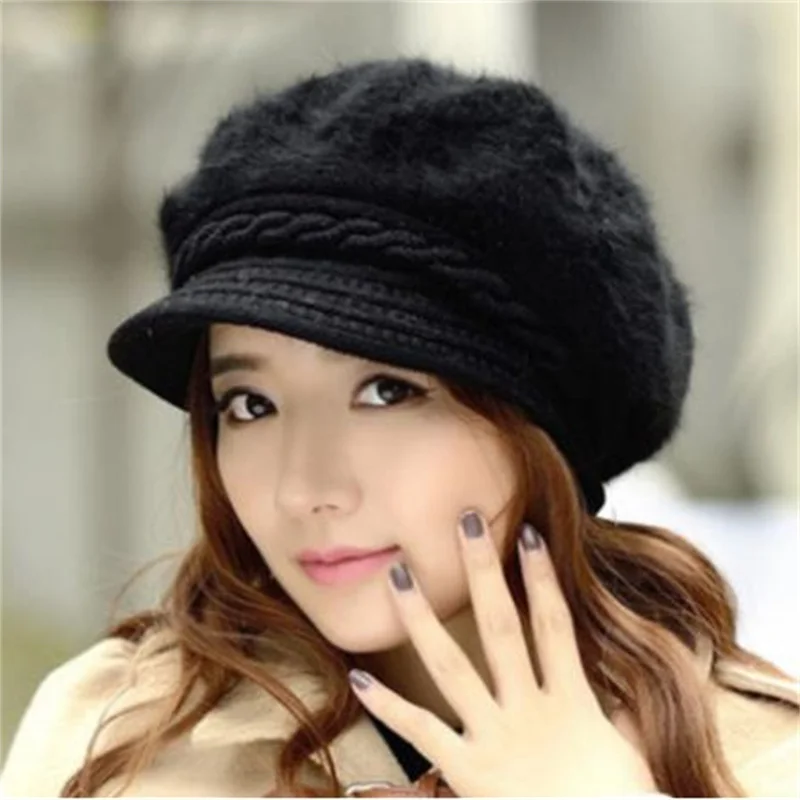 Casual Women Beret Hats Thick Rabbit Fur Cap Hair Wool Knitted Female Berets Winter Warm Cap Boina Skullies Cabbie Beanies Hats