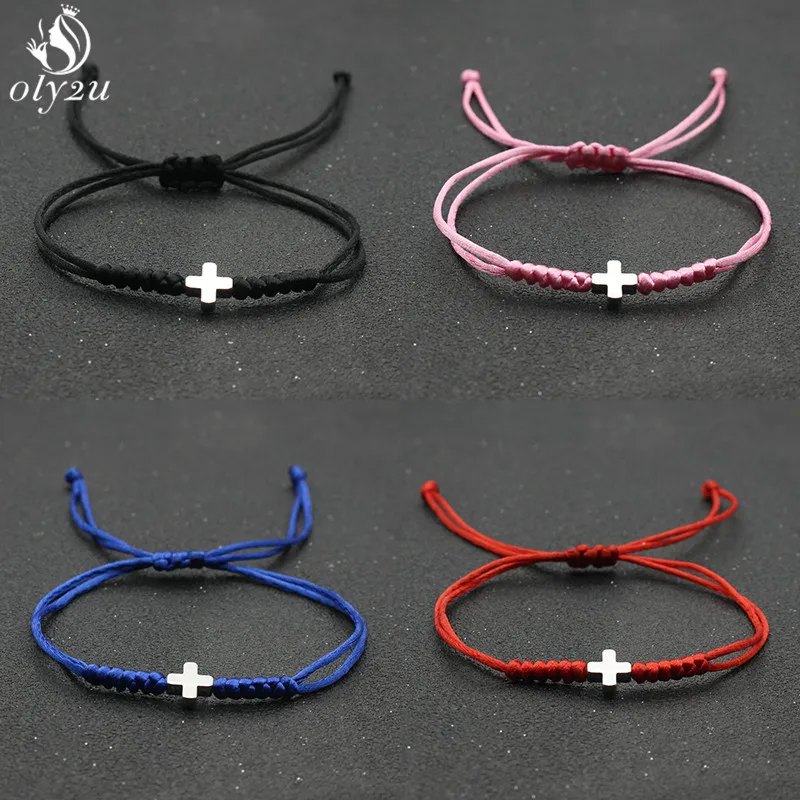 Handmade Stainless Steel Small Cross Charm Bracelet Thin Blue Red Rope Thread String Hand-woven Bracelets For Men Women Couples
