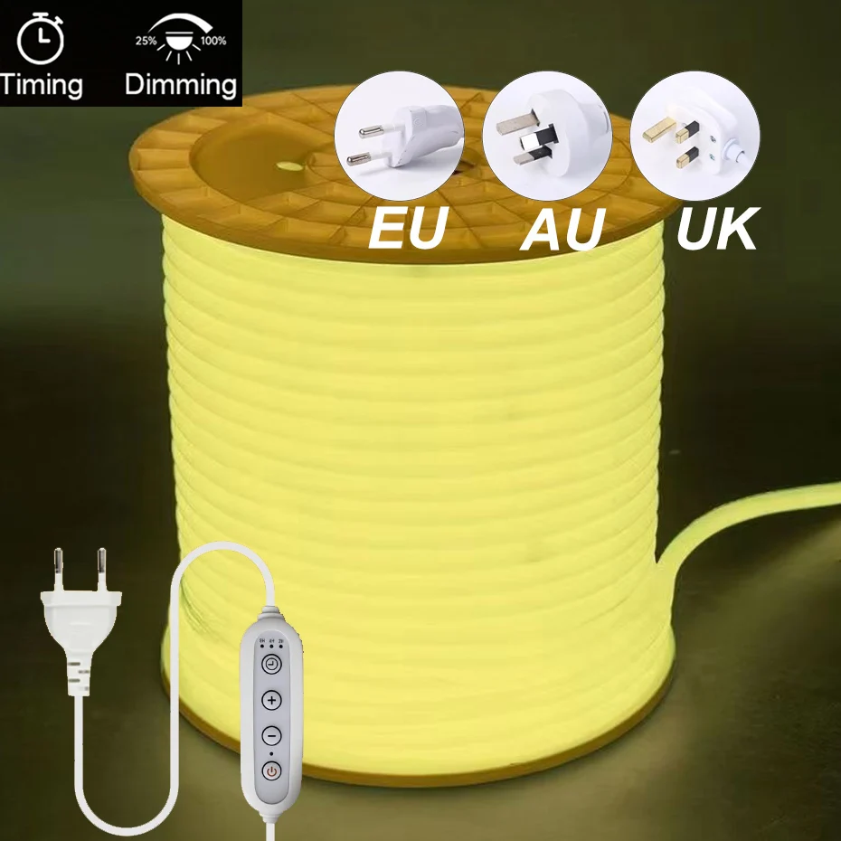 Dimmable 220V LED Neon Strip Lights Round Led Tape Tube 120LEDs/m Flexible Ribbon Waterproof for Outdoor Lighting Decoration