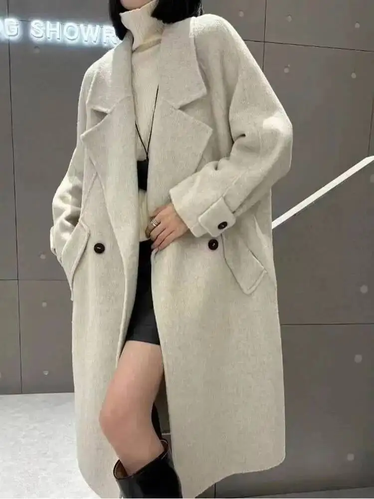 High Street Solid Color Wool Coat For Women Turn Down Collar Straight Patchwork Long Coats 2026 Autumn New 23ZUVTY