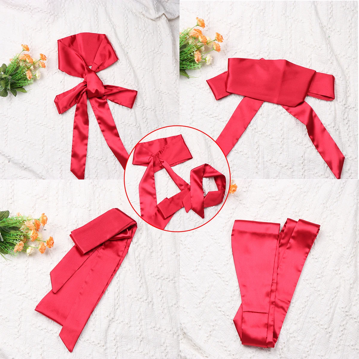 حزام بفيونكة حريرية واسعة الخصر بلون سادة وشاح بشريط من الساتان باللون الأحمر وشاح فستان مريح للمناسبات الخاصة حزام فيونكة حريرية للنساء #1