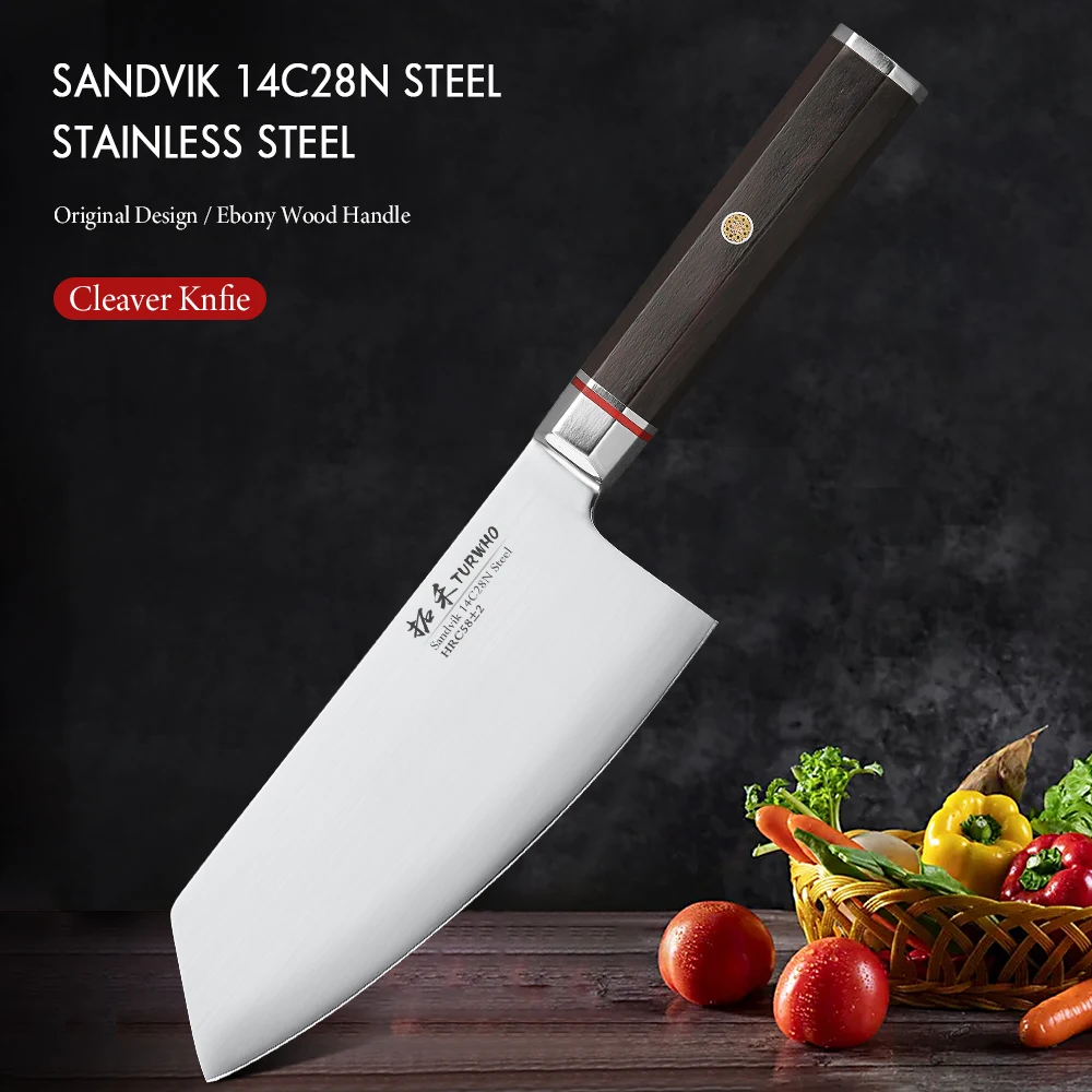 TURWHO-Kitchen Nakiri Knives, Sandvik 14C28N Steel Sharp Meat Cutting Chef Vegetable Knife, Cooking Knife, Wooden Handle, 6.5