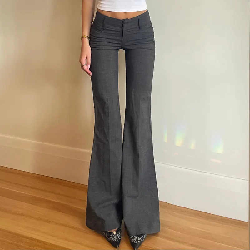 

Lucyever Grey Low Waisted Flared Pants Female Y2K High Street Retro Wide Leg Trousers Fashion Slim Pocket Office Lady Suit Pants