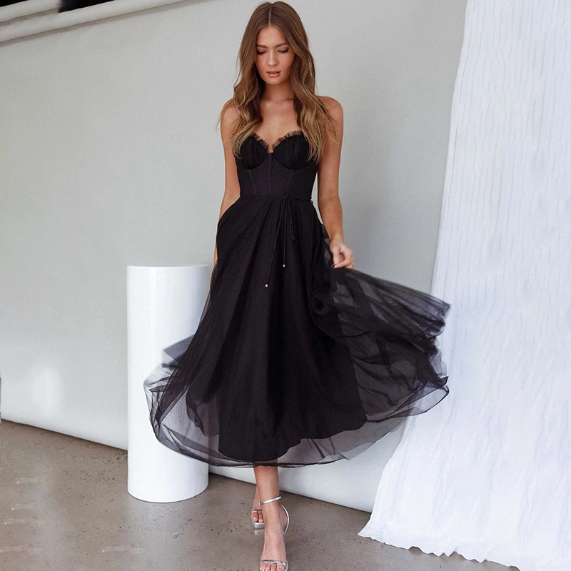 

Women's Luxury Elegant Mesh Tutu A-line Celebratory Party Dress Solid Color Mid Length Dress Fashion Bow Gauze Slip Dress Summer