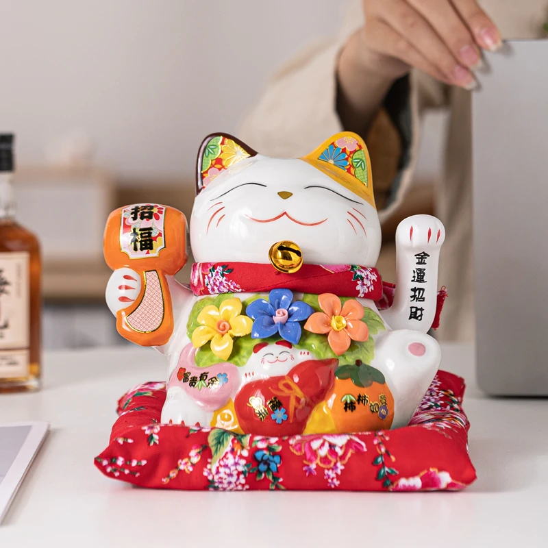 7 Inch Ceramic Lucky Cat Ornament Flower Fortune Cat Maneki Neko Statue Waving Hand Beckoning Cat Figure Centerpiece