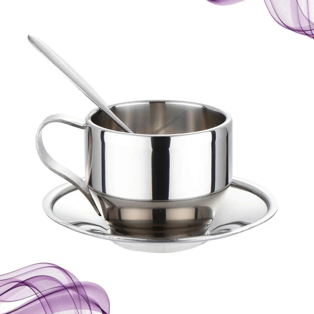 

3pcs Stainless Steel Tea Cup Set With Spoon Plate For Coffee Tea Milk Drinkware Kitchen Bar Tableware Elegant Coffee Cup