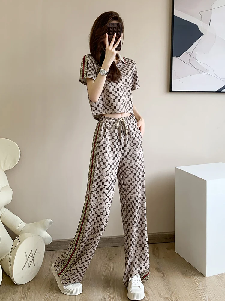 

Casual Wide Leg Pants Set Short Sleeve Women's Fashionable Two Piece Suite Summer New Arrival Elegant Hong Kong Style