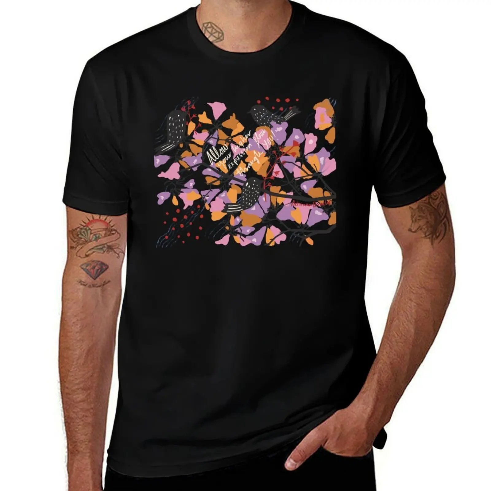 

Black birds with pink, purple orange flowers T-Shirt Short sleeve tee aesthetic clothes custom t-shirts men clothes