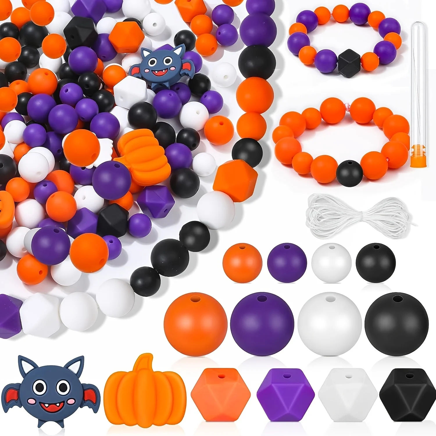 59 Pieces Halloween Silicone Beads, Pumpkin Skull Shape Ghost Bat Polygonal Beads for Home Decoration Crafts Bracelet Keychain