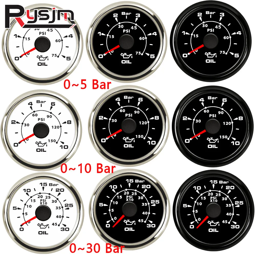 52mm 2\'\' Marine Boat Oil Pressure Gauge 0-5Bar 10Bar 30Bar Indicator Universal 12V/24V Car Pressure Meter with 7 Color Backlight