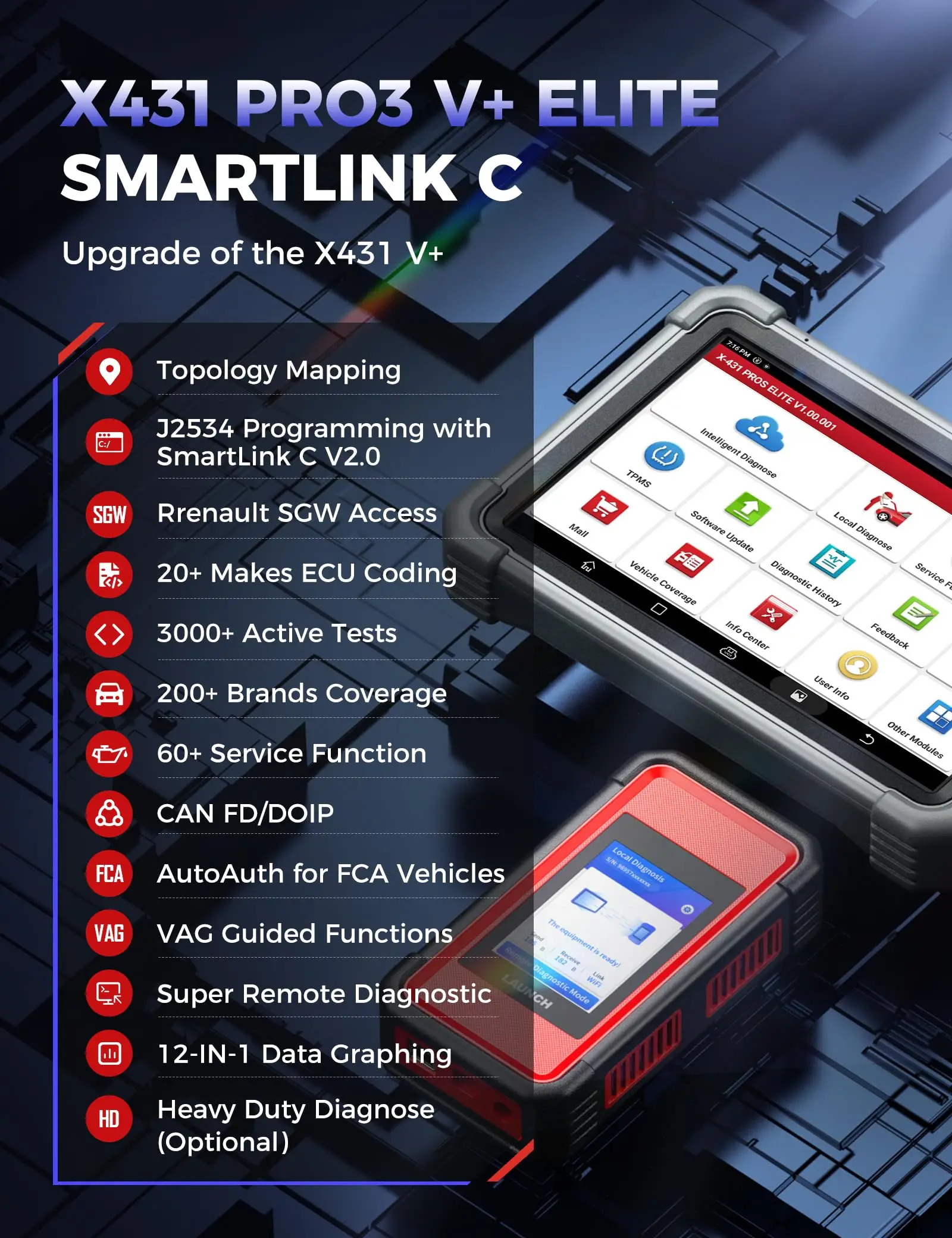 2027 LAUNCH X431 PRO3 V+ Elite HD SmartlinkC 2.0 J2534 OBD2 Scanner 61+ Reset Topology Map Online Coding CANFD DoIP Diagnostic Tool - view 3