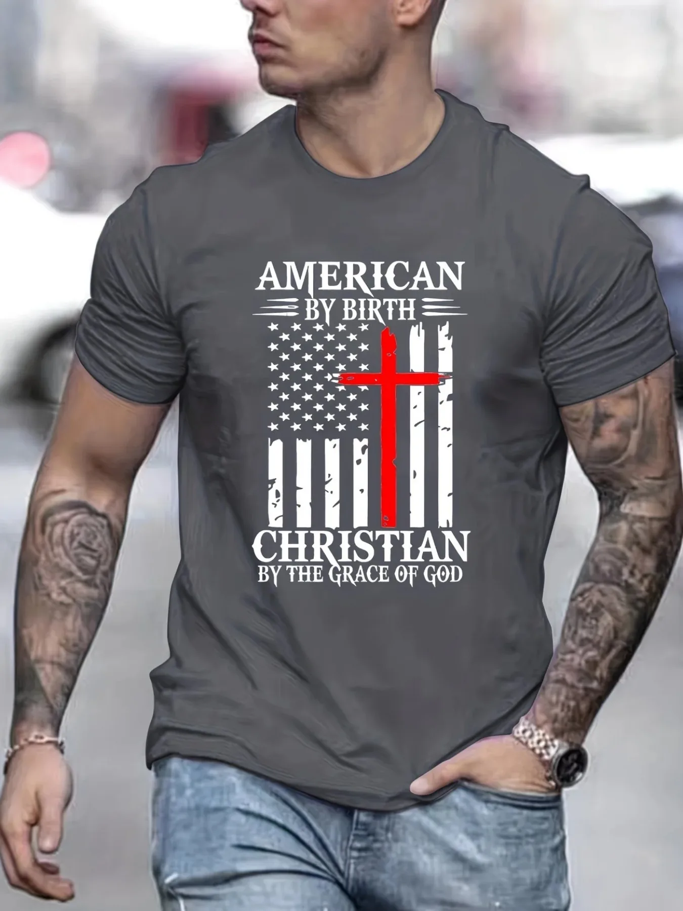 Men's God and America T-Shirt - Cross Print Short Sleeve Casual Round Neck Top Suitable for Church, Gym, Gifts, Training & Casual Attire - Machine Washable Religious Apparel For