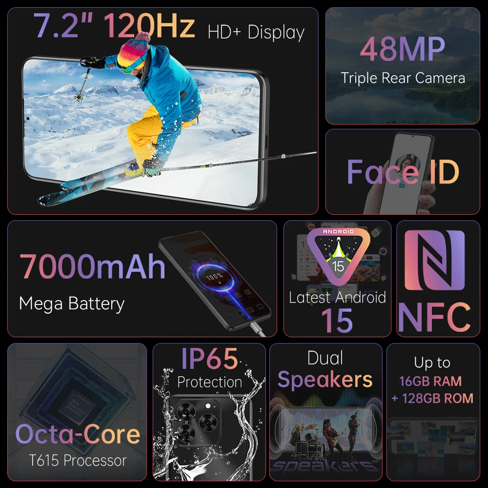 Cubot Note 60 Smartphone, Android 15, 7.2-inch 120Hz Display, Octa-core,16GB(6+10GB )RAM 128GB ROM, 48MP Camera, 7000mAh Battery