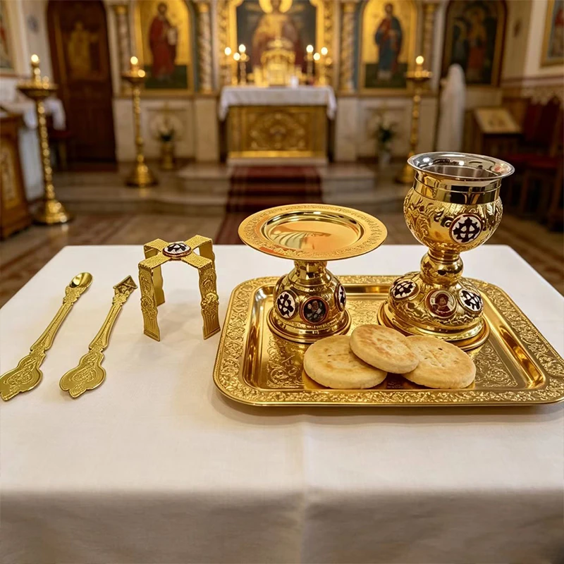 Ornate Gold Metal Orthodox Altar Set Chalice Diskos Asterisk and Spoons for Church Divine Liturgy Christian Religious Decor Gift