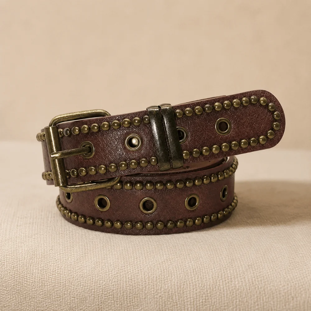 Rivet Studded PU Leather Belt Antique Bronze Pin Buckle Multi Hole Waist Belt Adjustable Distressed Brown Retro Belt For Women
