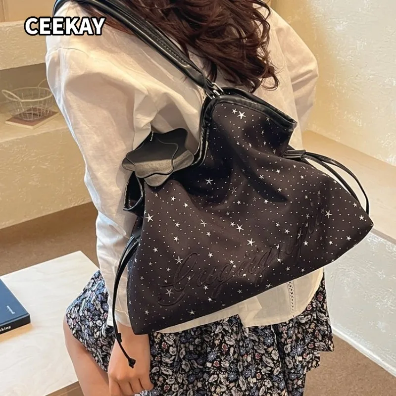 CEEKAY Silver Star Print PU Coated Large Tote Bag Star Pendant Charm Drawstring Side Design Wide Handle Casual Shoulder Handbag