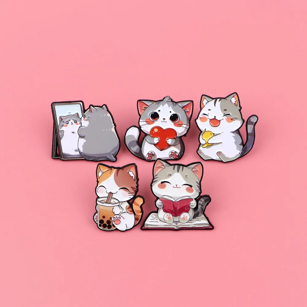 Drinking Milk Tea Reading Book Cat Cute Cartoon Brooch Clothing Backpack Accessories Pin Alloy Badge Fashion Jewelry Gift